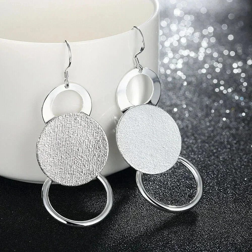 925 Sterling Silver Statement Earrings Round Disc Circle Drop Dangle Earrings